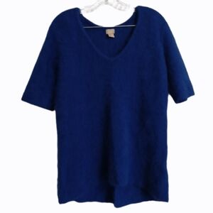 H&M Size 6 Cobalt Blue V-Neck Short Sleeve Angora Wool Fuzzy Sweater